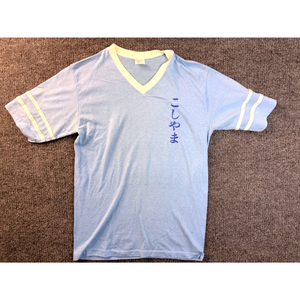 Vintage Sport T Stedman V Neck Ringer T Shirt Medium Blue Japanese Graphic 80s